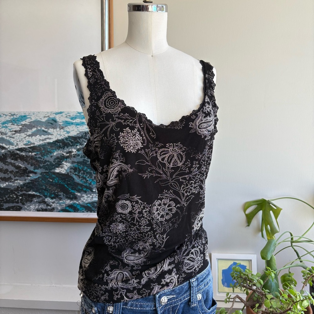 Black Floral Lace Trim Tank Top